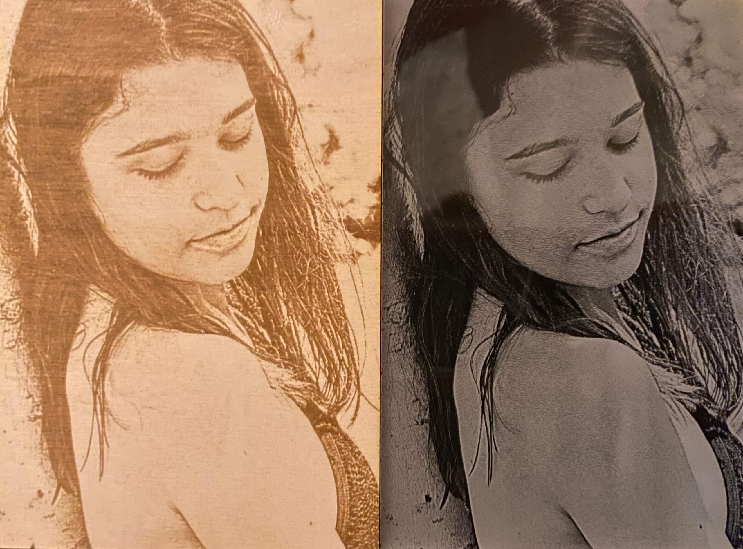 Porträtdiptychon einer lächelnden Frau im Profil, bearbeitet in Sepia- und Schwarz-Weiß-Ton.