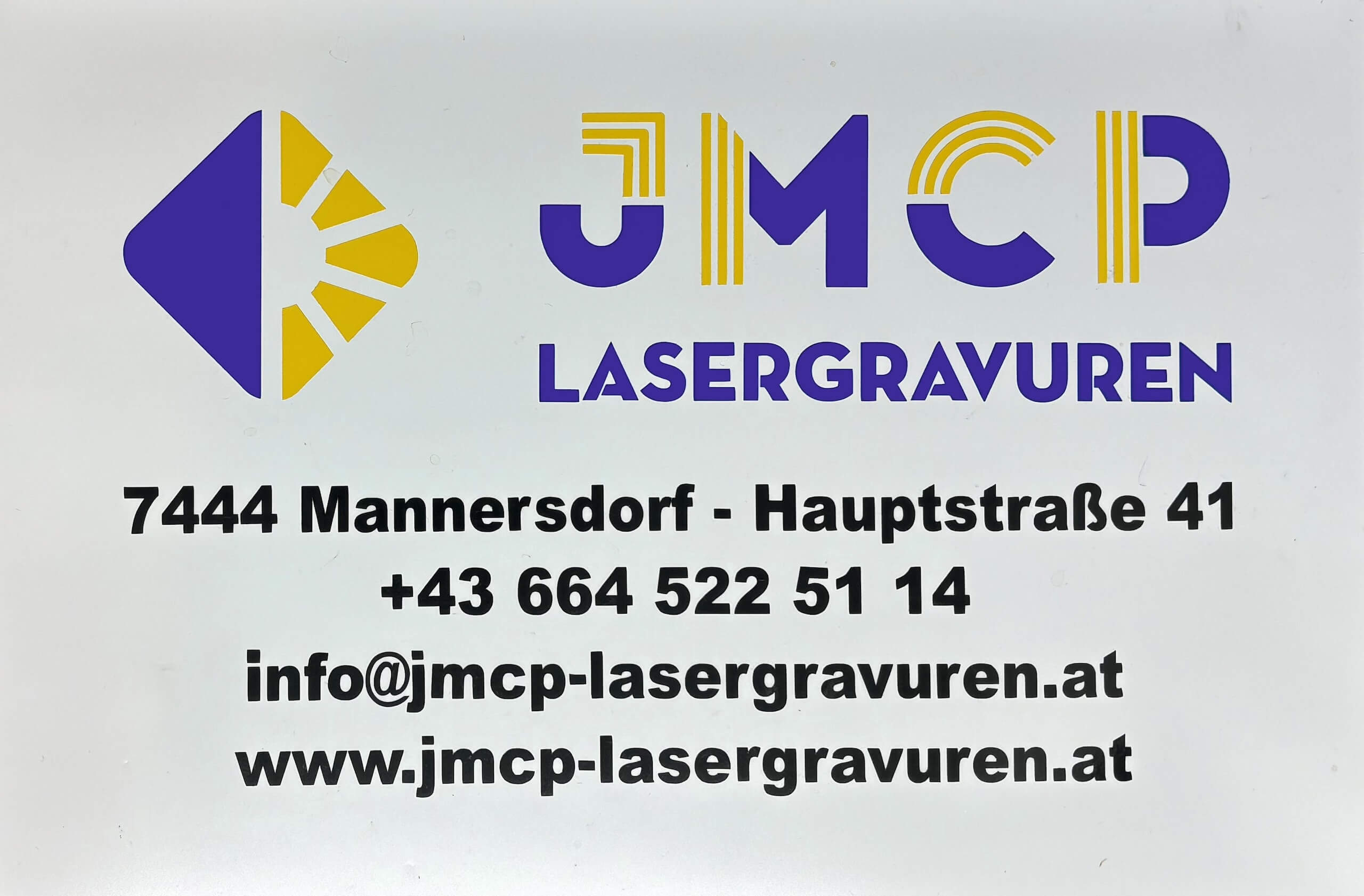 JMCP Lasergravuren Kontaktinformationen: Adresse, Telefonnummer und E-Mail-Adresse für Anfragen und Bestellungen.