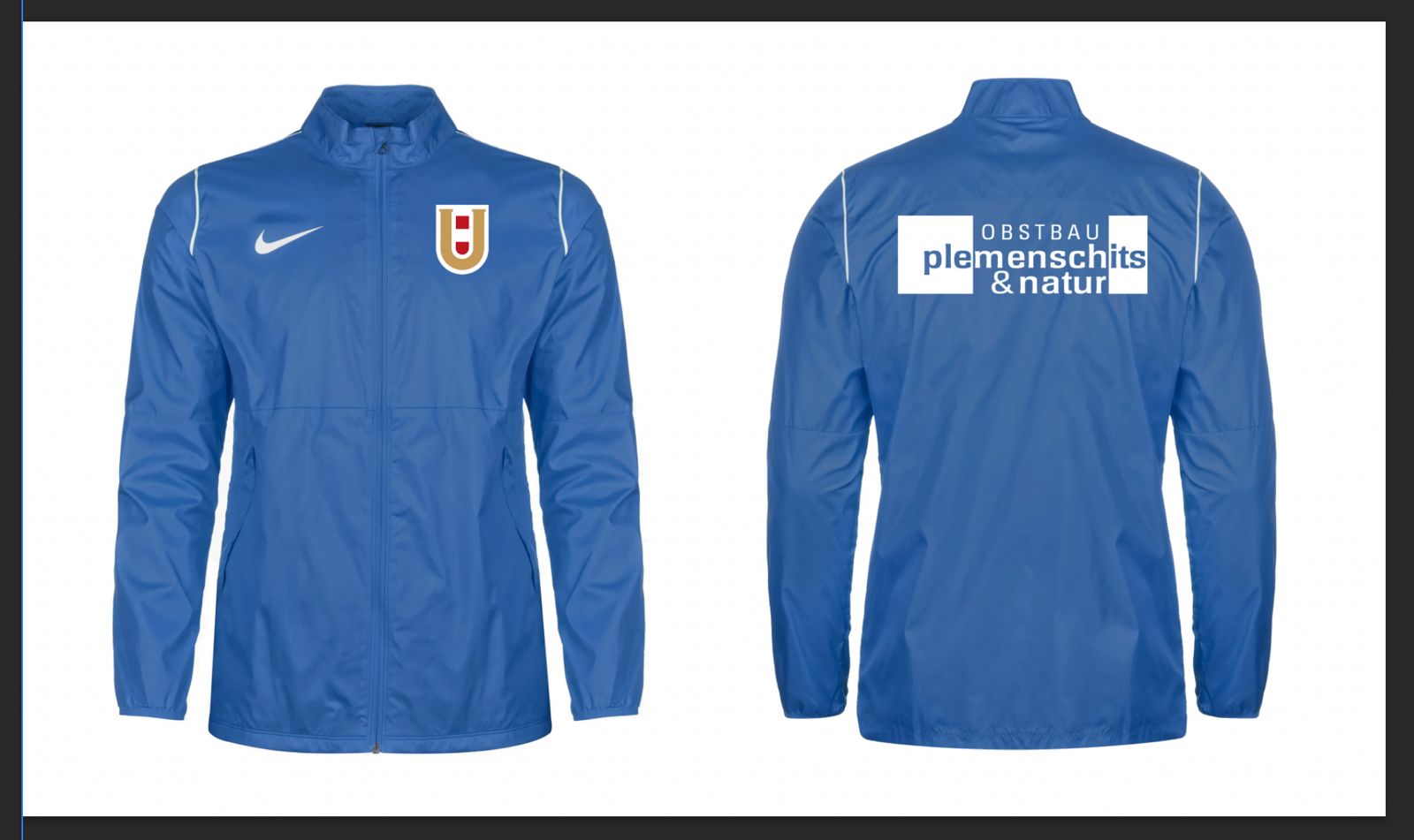 Blaue Nike-Trainingsjacke mit Emblem vorne und Obstaubau Plemenschits & Natur Logo auf dem Rücken.